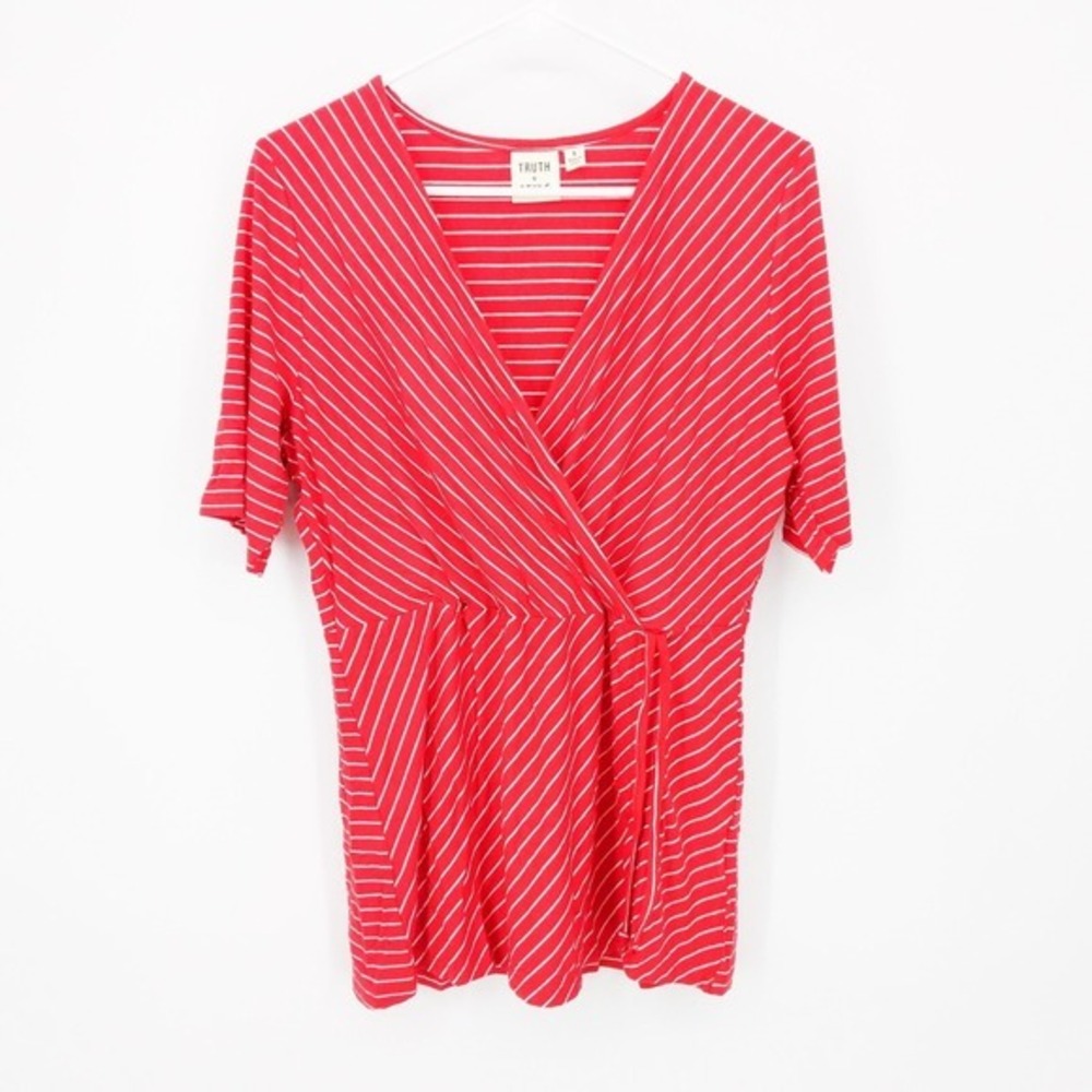 Truth + Style Stripe Jersey Asymmetrical Gather Detail Top Red Women's Size S